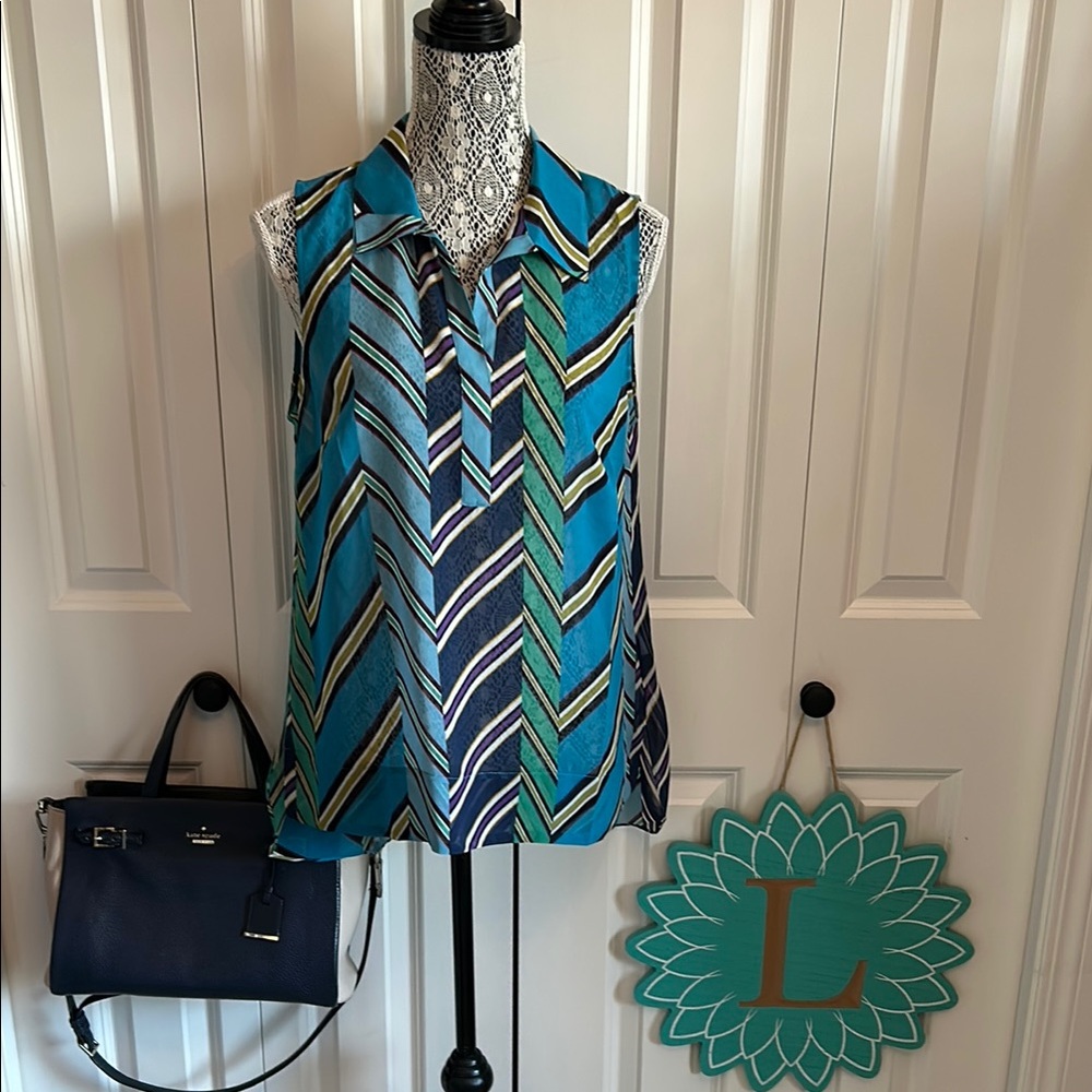 CAbi Sleeveless Chevron Stripe Blouse in Turquoise, Navy, Green - Picture 2 of 13
